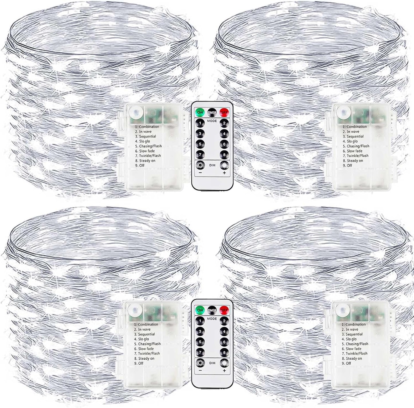 4-Pack Fairy Lights Battery Operated with Remote, Waterproof 33FT 100 LED Battery String Lights Outdoor Indoor, 8 Modes Twinkle Lights with Timer for DIY Home Centerpiece Christmas Decor (Cool White)