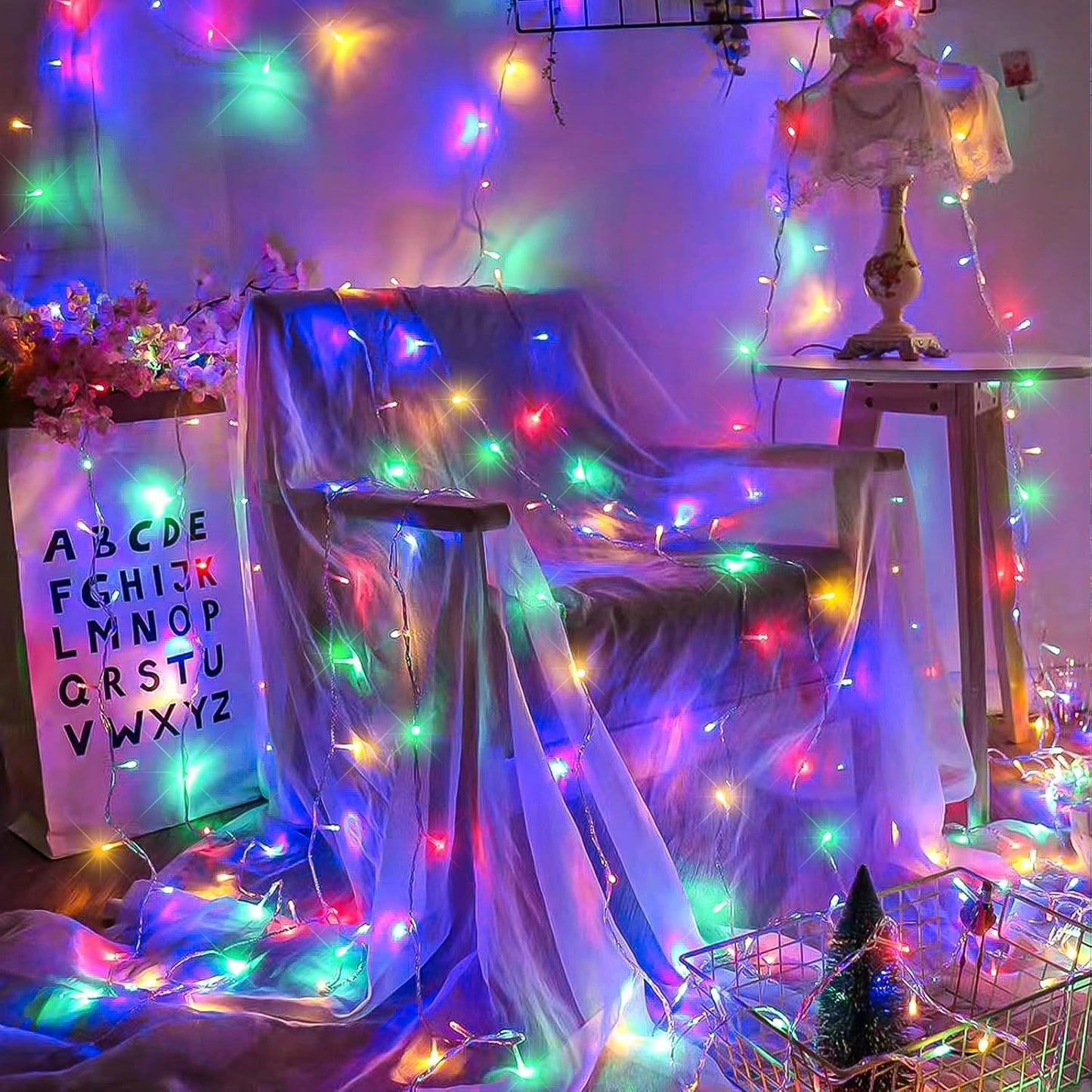 120 LED Christmas Lights Indoor Outdoor, 40ft 8 Modes Clear Wire Christmas String Lights Indoor, Plug in Twinkle Fairy Light for Bedroom Tree Christmas Decorations, Multicolor