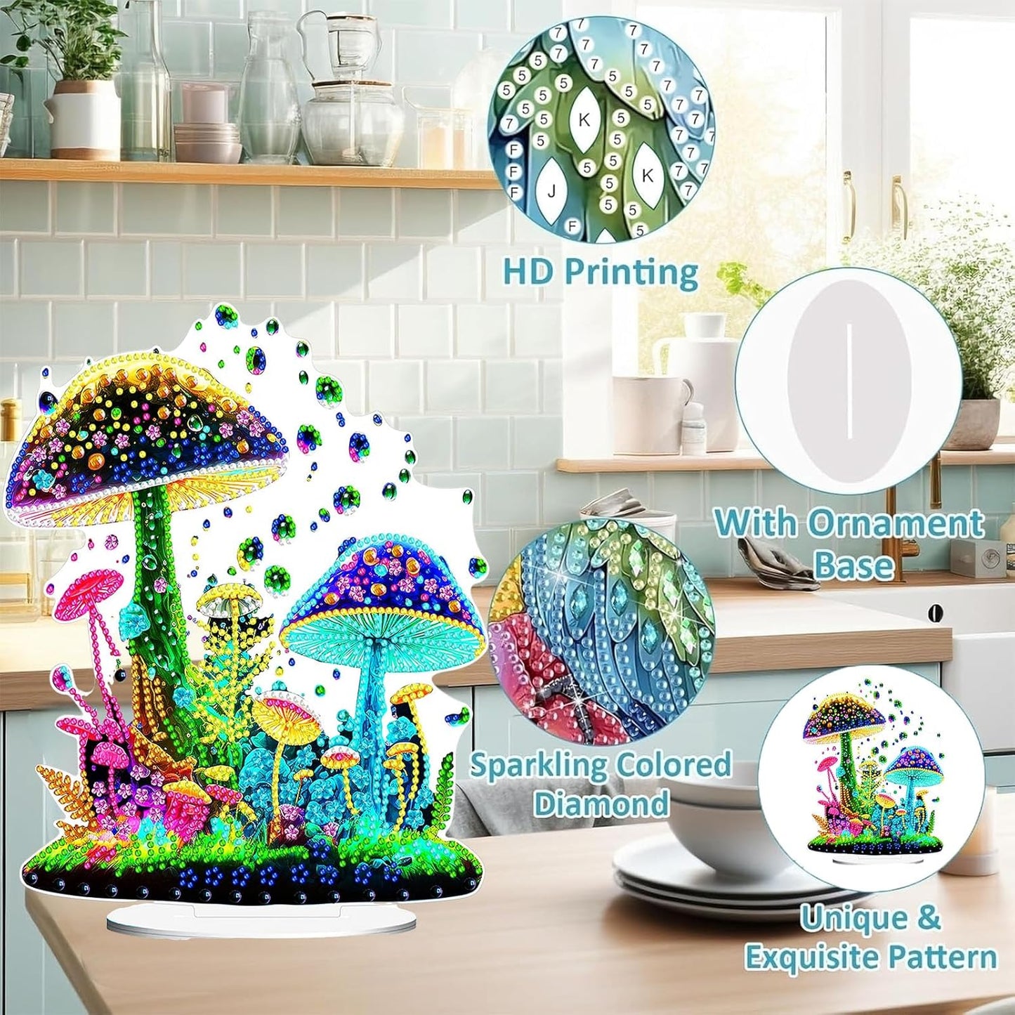 Diamond Painting Kits for Adults Beginners, 5D Full Drill Mushroom Crystal Art Desktop Ornament, DIY Single Sided Home Office Desk Decor, Creative Craft Gift Set with Tools