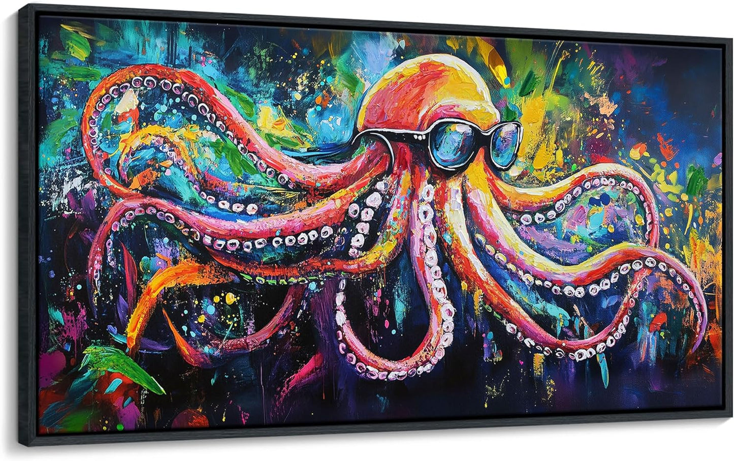 JEAWA Large Framed Wall Art - Funny Octopus Wearing Sunglasses Modern Street Graffiti Texture Wall Painting for Living Room Bedroom Teenage Boy Room Game Room Cool Posters Decor 24x48 IN