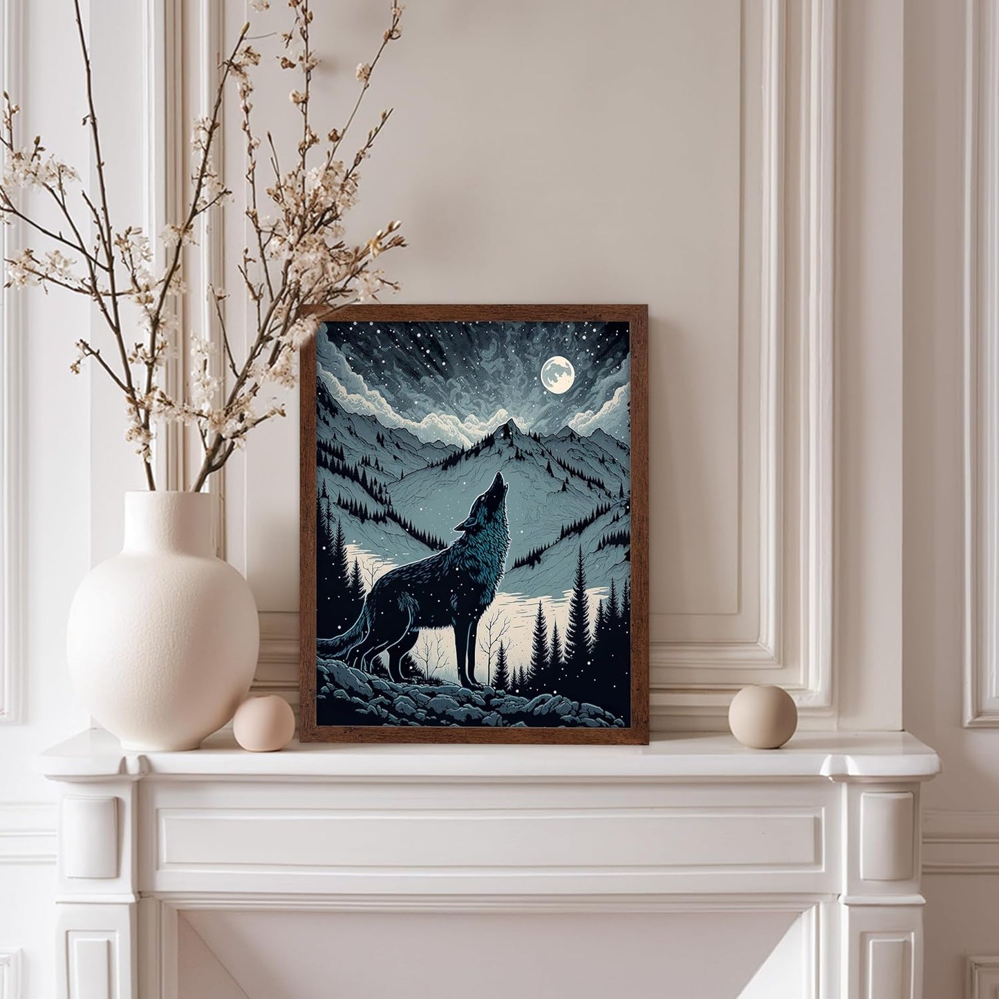 Poster Master Vintage Illustration Poster - Retro Animal Print - Gift for Artist, Friend - Wolf Howling at the Moon, Mountain, Snow, Landscape - Wall Decor for Home, Office, 8x10 Brown Framed