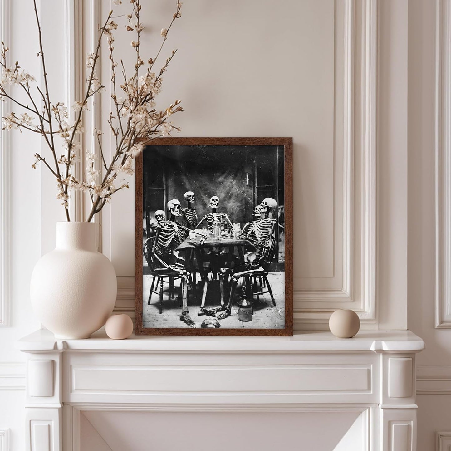 Poster Master Vintage Photograph Poster - Retro Daguerreotype Print - Gift for Artist, Friend - Skeletons Smoking at Table, Dinner Party, Goth - Wall Decor for Home, Dorm, 8x10 Brown Framed