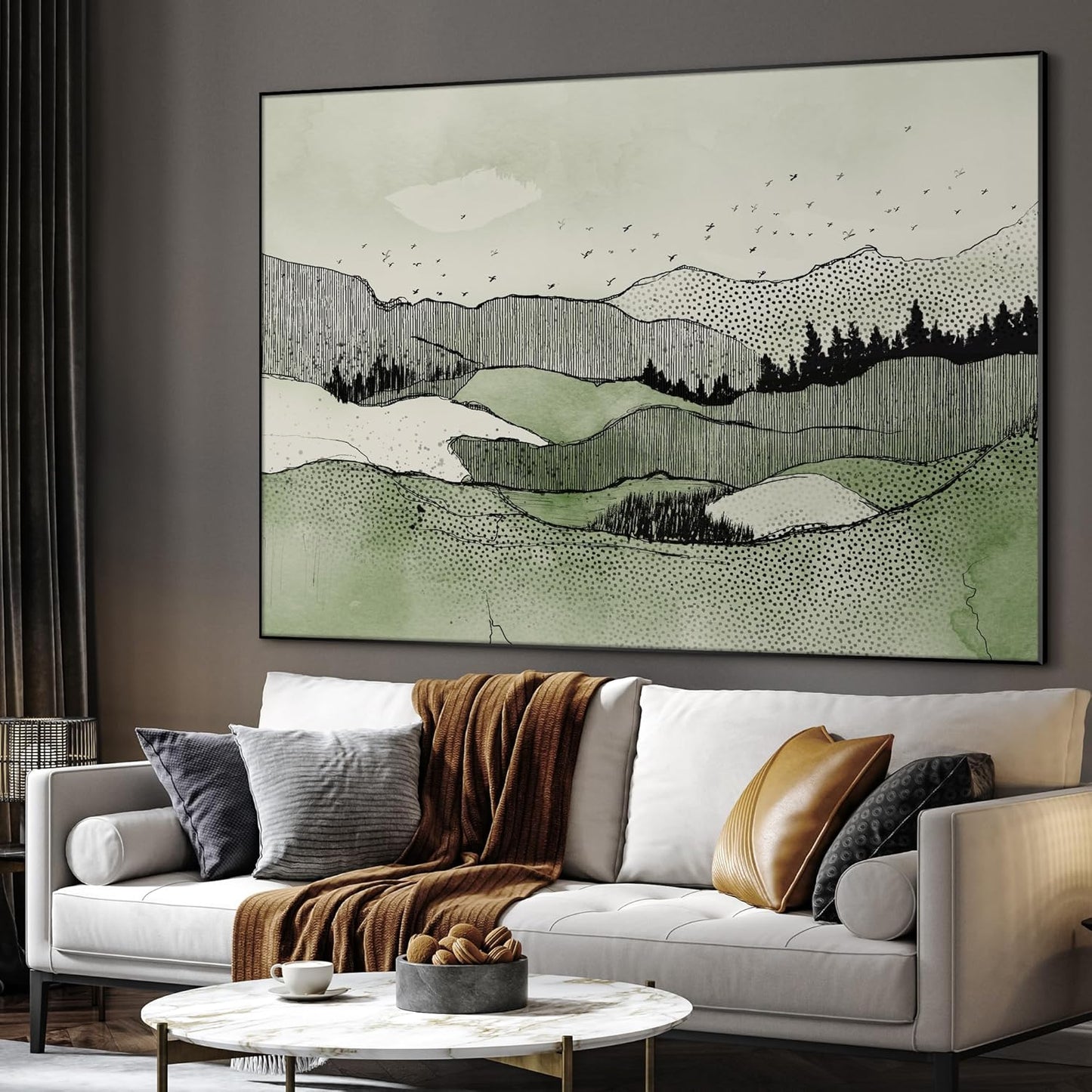 SIGNWIN 60"x72" Extra Large Framed Wall Art Green Line Art Mountain Landscape Illustration for Home Living Room Bedroom Decor (Frame Assembly Required)