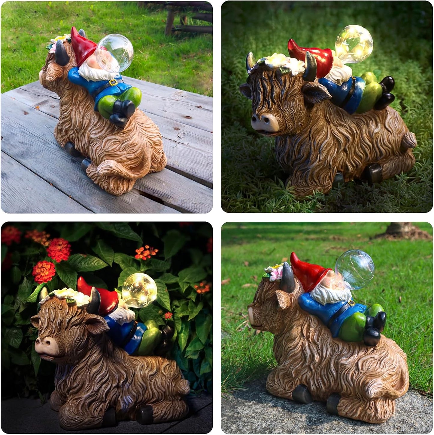Solar Highland Cow Gnome Garden Decor Statue, Outdoor Funny Solar Light Decoration for Yard, Patio, Lawn, Unique Housewarming, Birthday Gift for Women, Mom, Grandma