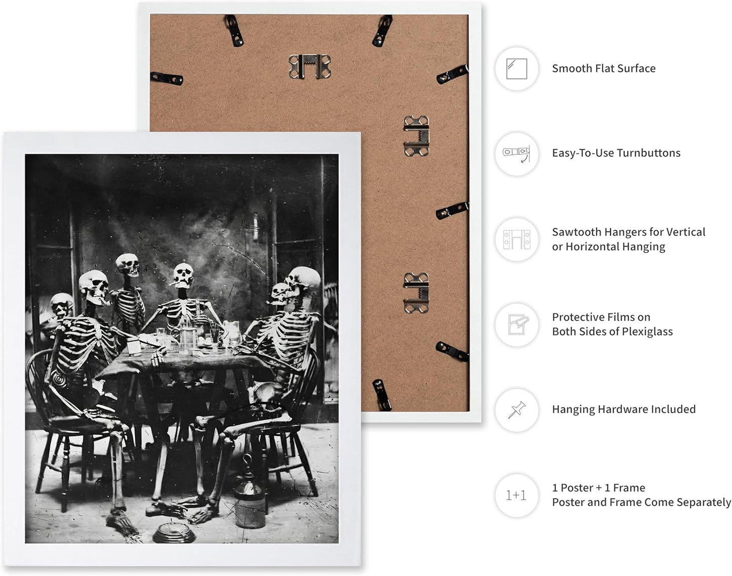 Poster Master Vintage Photograph Poster - Retro Daguerreotype Print - Gift for Artist, Friend - Skeletons Smoking at Table, Dinner Party, Goth - Wall Decor for Home, Dorm, 8x10 White Framed