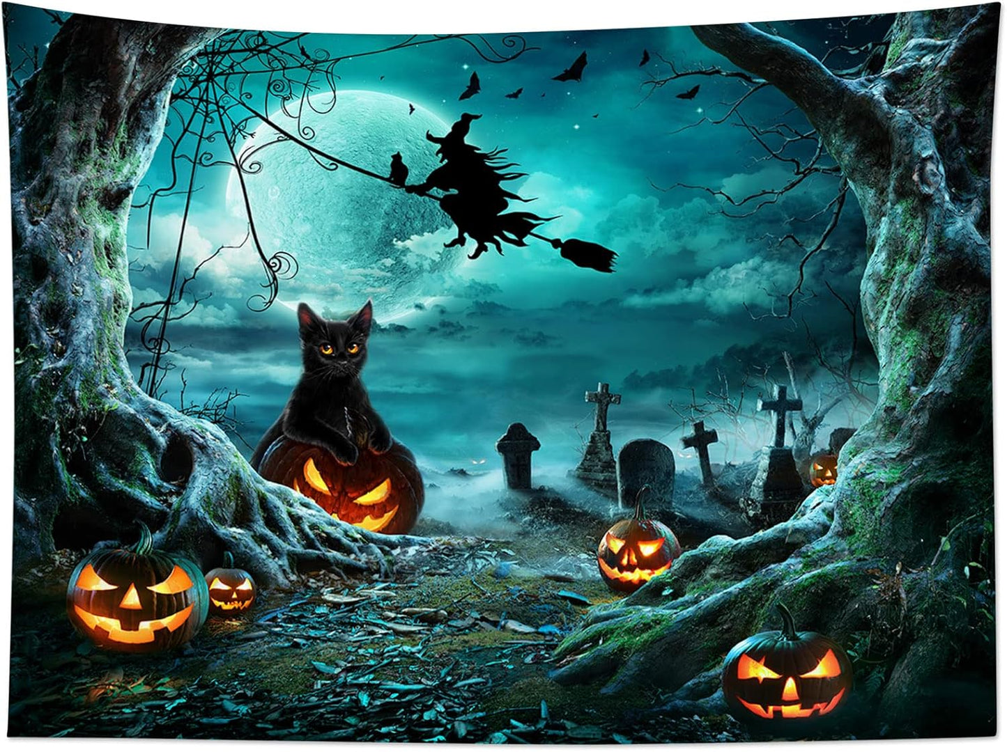 LB Halloween Tapestry Pumpkins Black Cat Dead Tree in Spooky Graveyard Full Moon Night with Witch Halloween Wall Hanging for Bedroom Living Room Dorm Decor 59x51 Inch