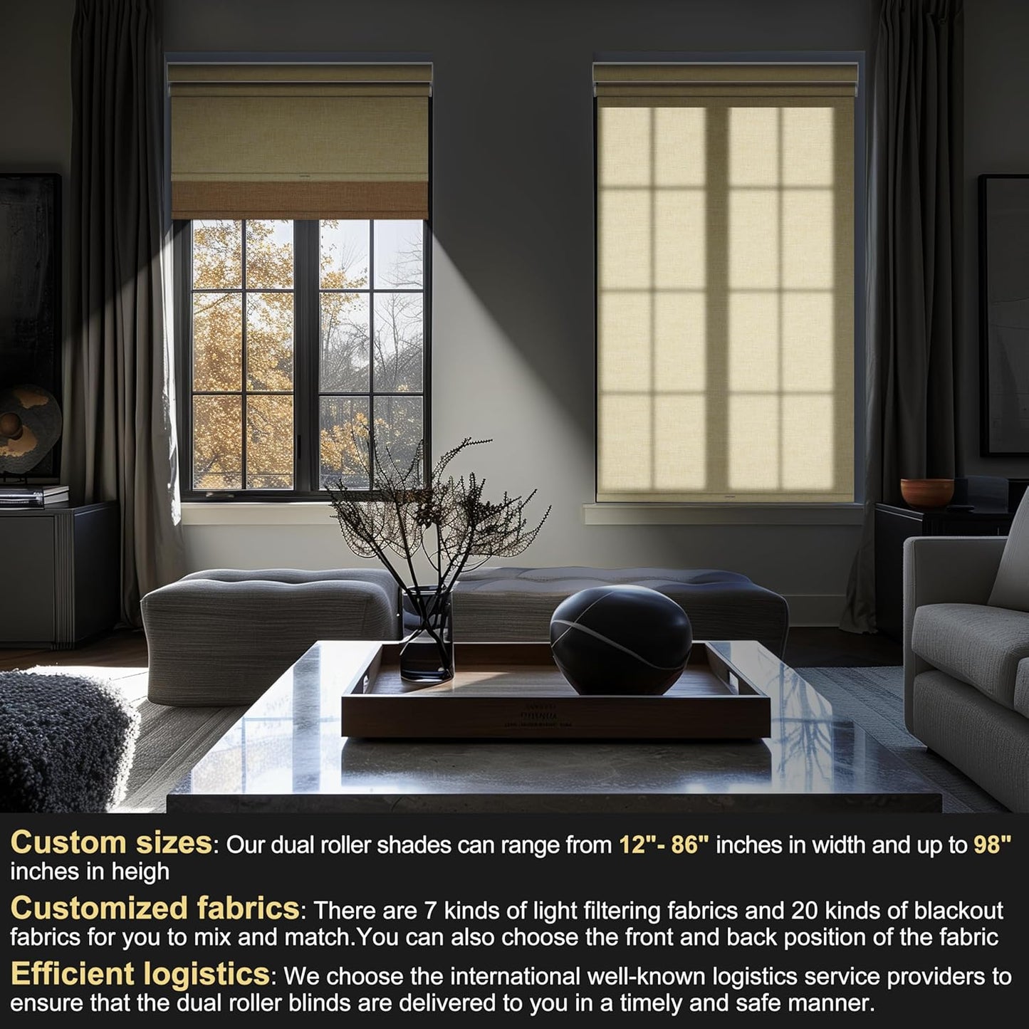 BERISSA Cordless Dual Roller Shades with Cassette Valance, Double Window Shades - Blackout and Light Filtering - Day and Night for Home Office Door. Linen Beige. 43 W x 80" H