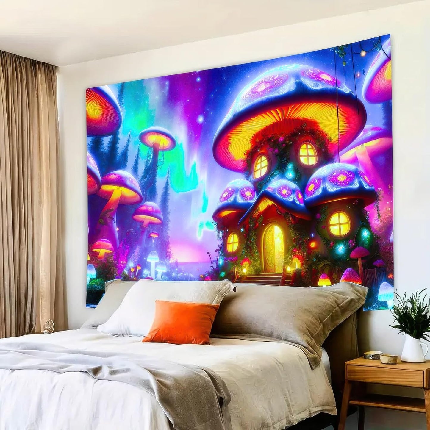 BlissYard Black Light Tapestry Uv Reactive Tapestry Glow Tapestry 78x59 Inches Enchanted Mushroom Village Wall Hanging, Fluorescent Art Decor with Glowing Mushrooms, Forest, and Fantasy Elements