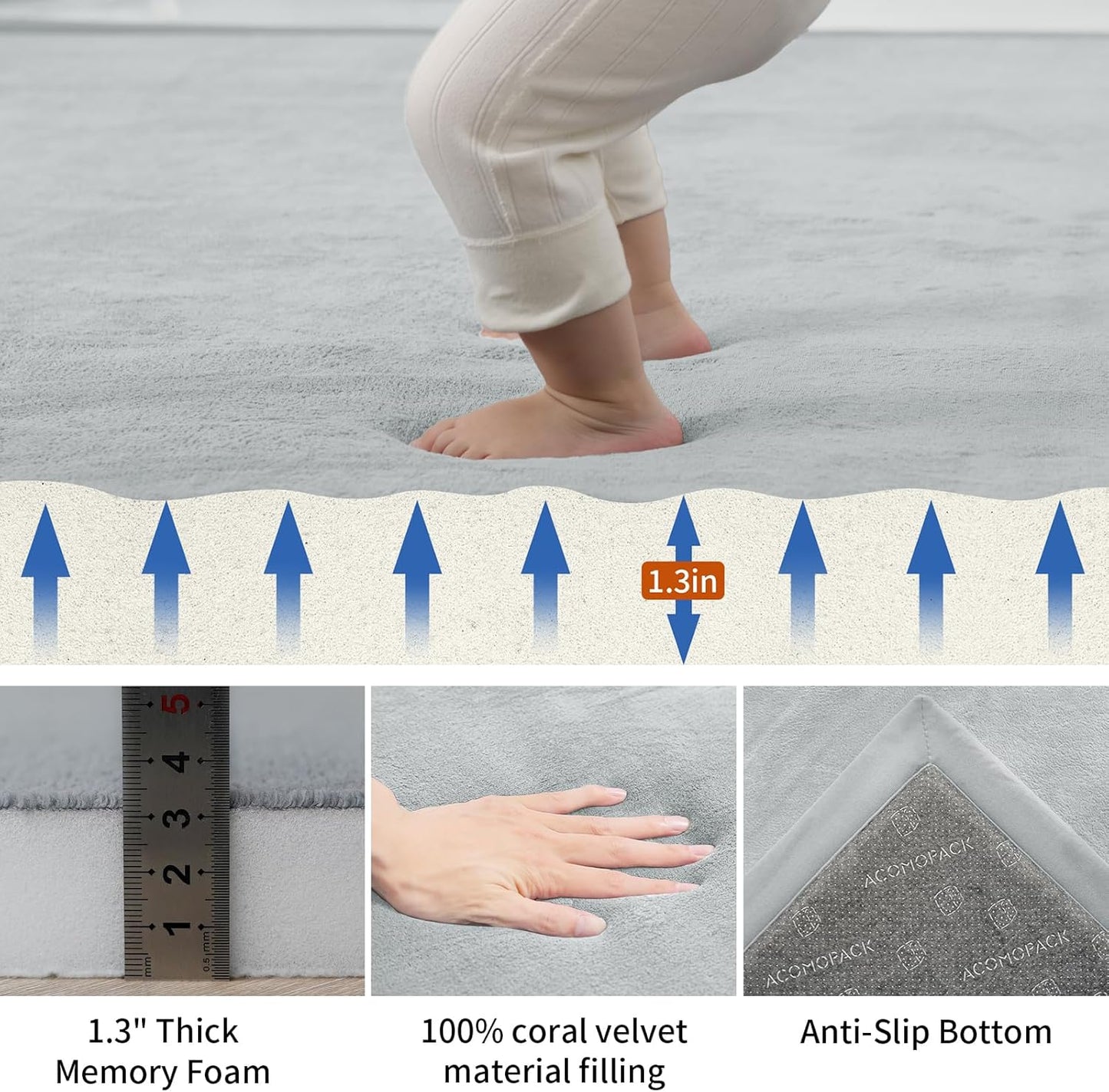 ACOMOPACK Baby Play Mat for Floor,1.3" Thick Memory Foam Area Rug for Living Room,Soft Velvet Crawling with Non-Slip Bottom for Kid,Toddler,59"×71" Tummy Time Nursery Rugs,Yoga（Light Grey）