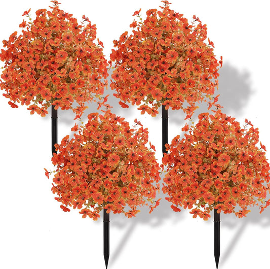 Set of 4 Artificial Fall Topiary Ball Flowers for Outdoor Decoration with Spike 20", UV Resistant Fake Autumn Floral Shrubs, Realistic Faux Bushes Plants for Garden,Yard,Porch and Patio Decor
