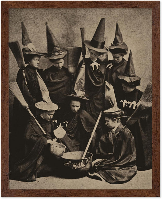 Poster Master Vintage Photograph Poster - Retro Halloween Print - Gift for Artist, Friend - Witches Cooking, Pointy Hats, Broomsticks, Black Magic - Wall Decor for Bedroom, 16x20 Brown Framed
