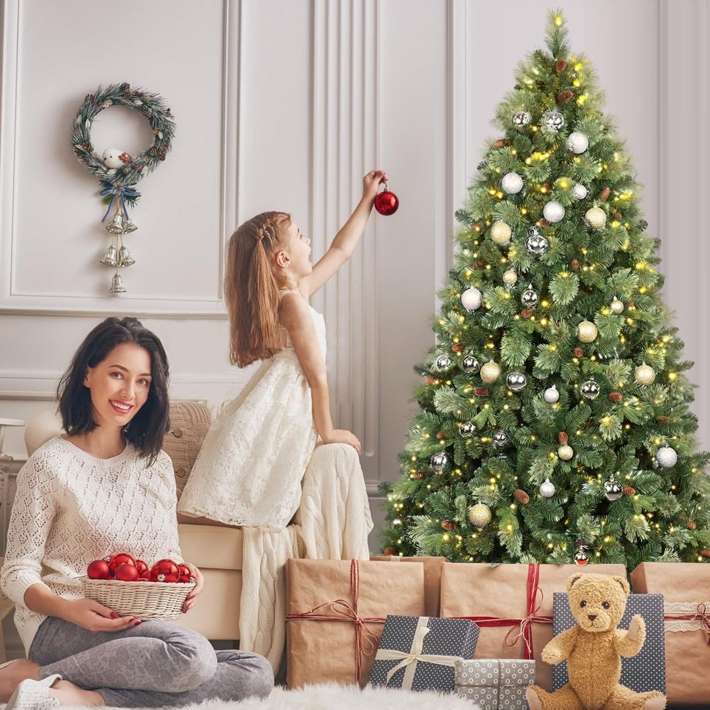 Kadunmina 7.5ft Prelit Christmas Tree, Artificial Carolina Pine Christmas Tree with 750 Warm White Lights, Pine Cones, 1645 Branch Tips and Metal Stand for Home, Office, Holiday Party Decoration