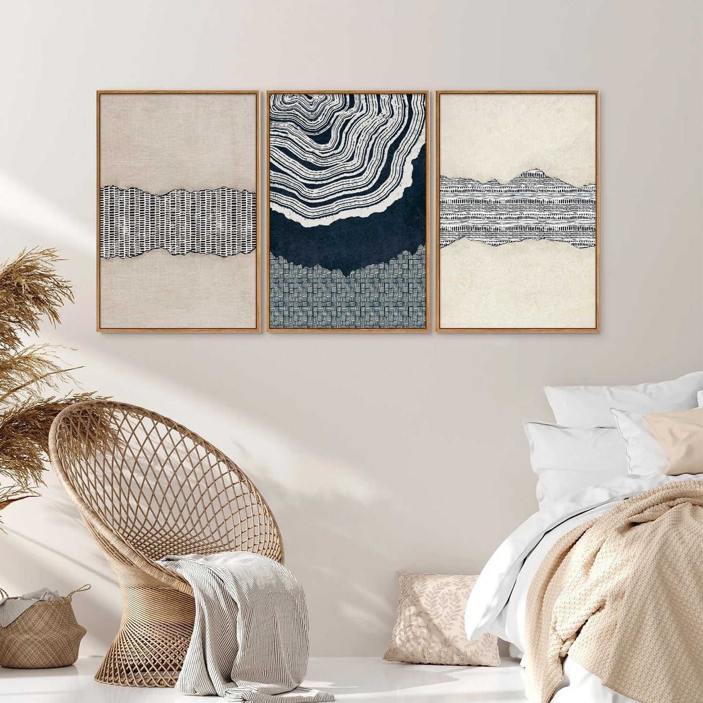 SIGNINART Blue and Beige Framed Canvas Wall Art Set, Neutral Abstract Tree Ring Wall Decor, Minimalist Dots and Line Artwork, Geometric Pattern Art Paintings for Living Room, Bedroom, Office 16"x24"x3