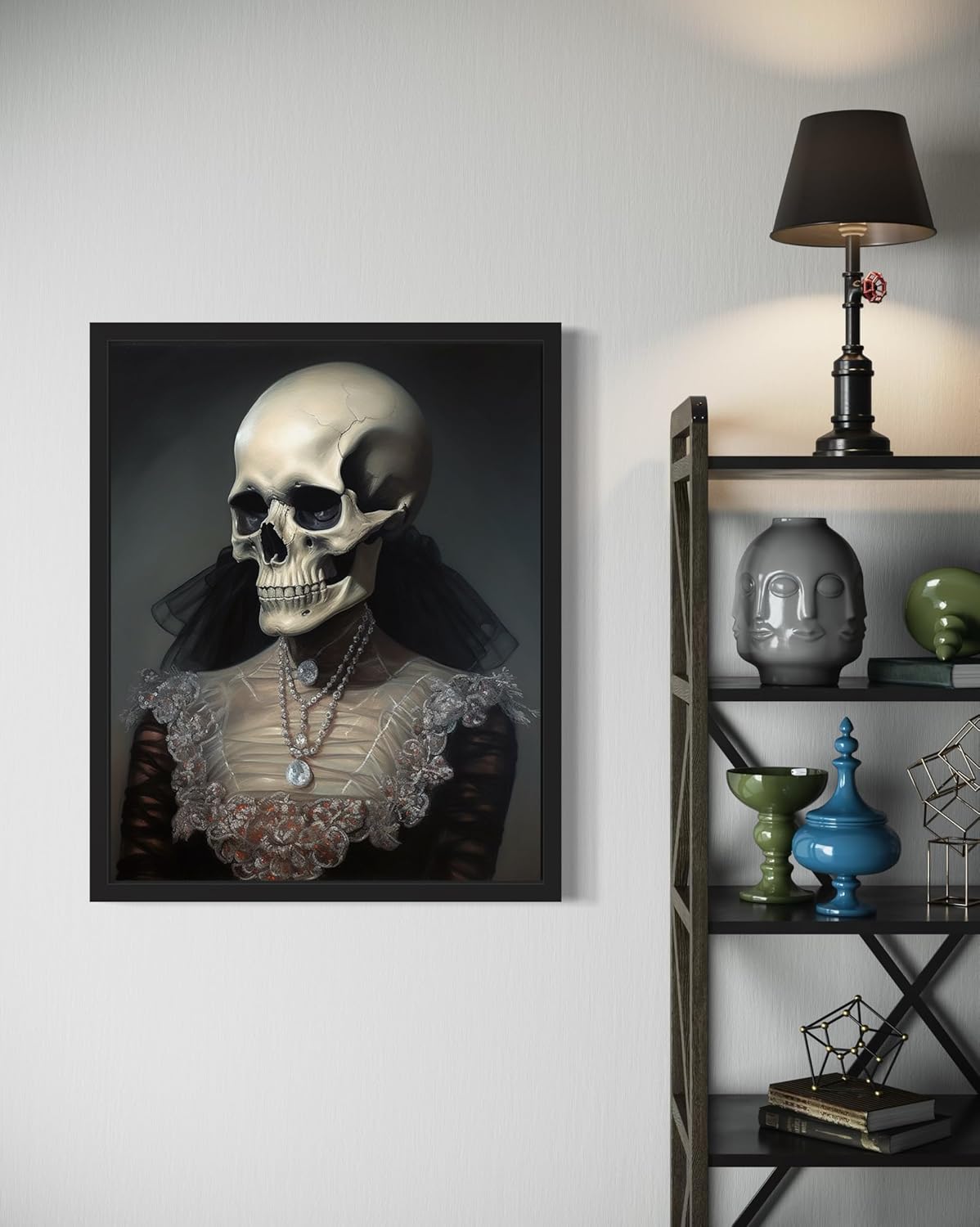 Female Skull Poster Art Print, Halloween Scary Vintage Wall Art Academia Spooky Painting Decoration for Horror Prints, Gothic Posters Bedroom Decor 89 (Female Skull, 11 x 14 inches, Black Frame)