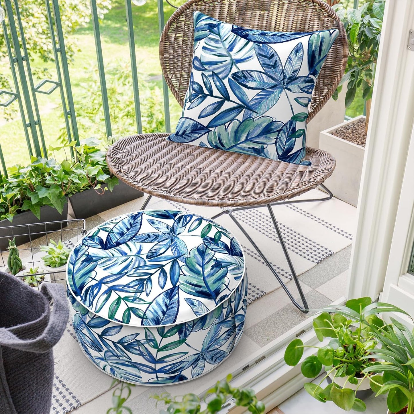 Inflatable Ottoman Stool D21 xH9 for Outdoor/Indoor Use, Water Repellent Patio Foot Rest Stool with Portable Handle,Round Pouf Ottoman Suitable for Garden,Deck and Camping - Leaves Ink Blue