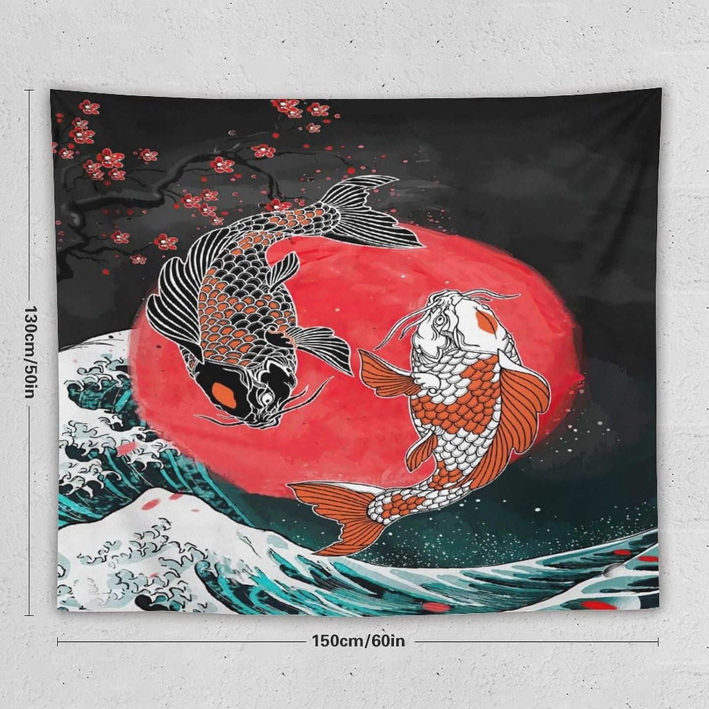 Houselerax Koi Fish Tapestries,Japanese Style Yin Yang Big Wave Cherry Blossoms Tapestry Wall Hanging for Bedroom Living Room Office Decor 60"x50"