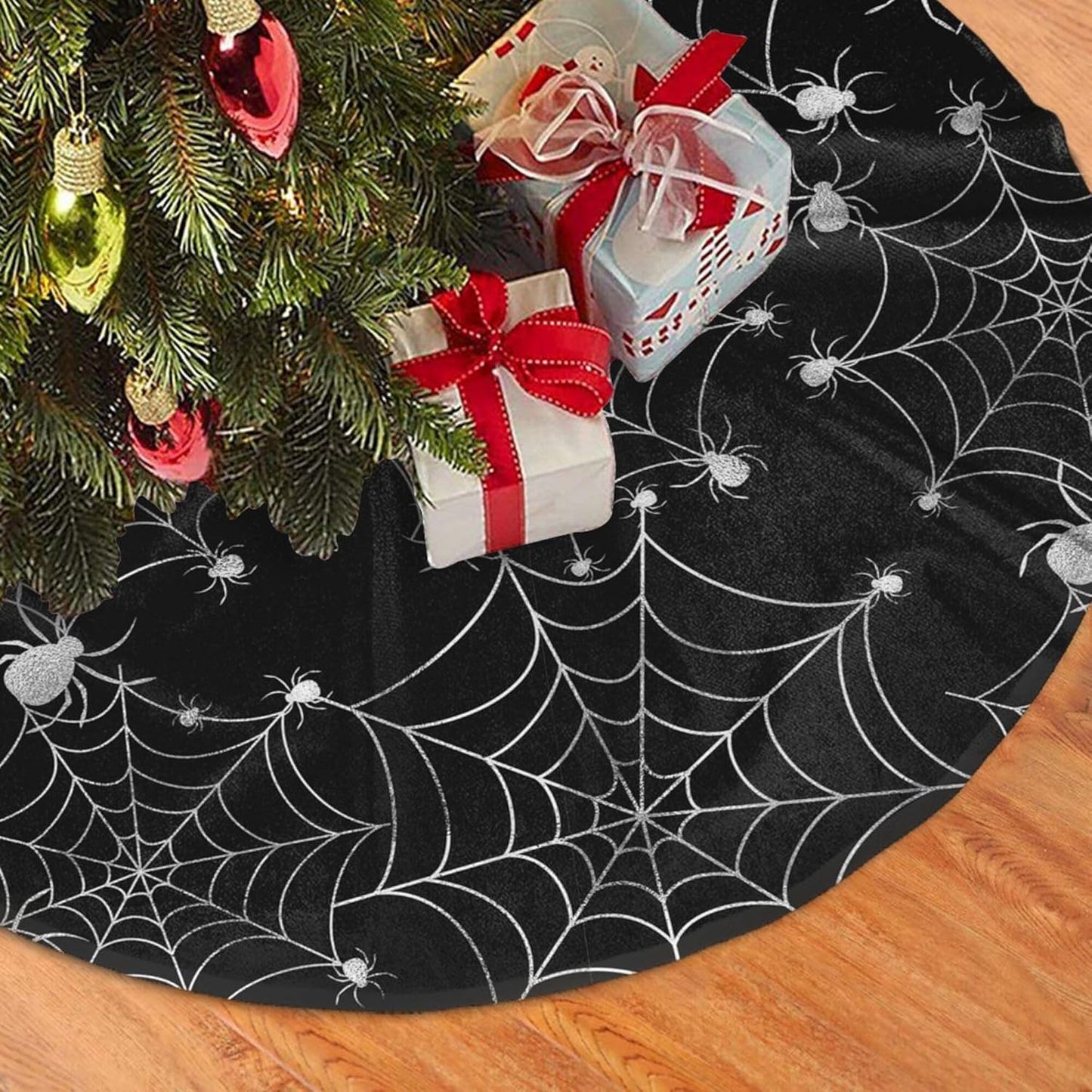 Christmas Tree Skirt,Sliver Spider Web Xmas Tree Skirt Rustic Farmhouse Tree Skirt for Christmas Decor Xmas Holiday Home Party Decorations30