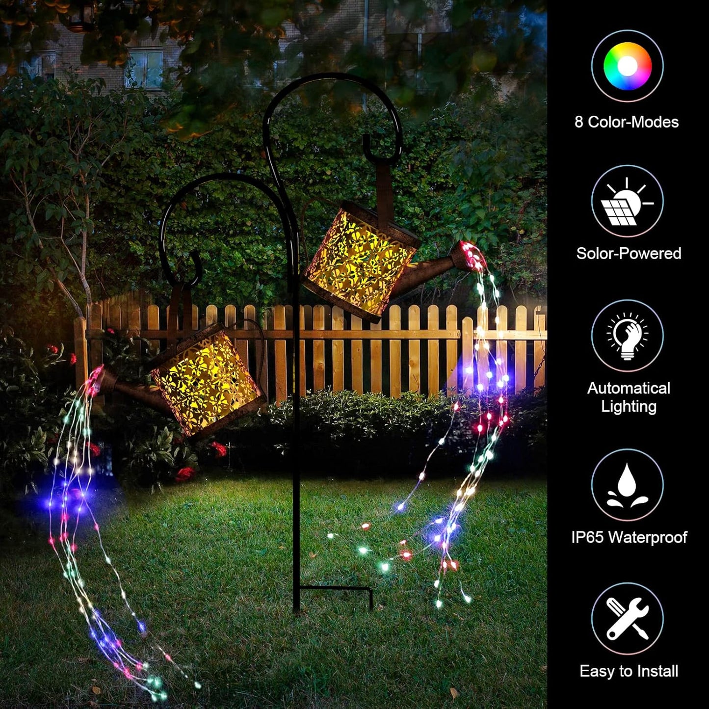 Merear Solar Watering Can Lights Outdoor with 8 Multi-Color Changing Modes, IP65 Waterproof Landscape Light Garden Decor, One Pole Two Lights Outside Decorations for Lawn, Backyard, Patio, Chrismas