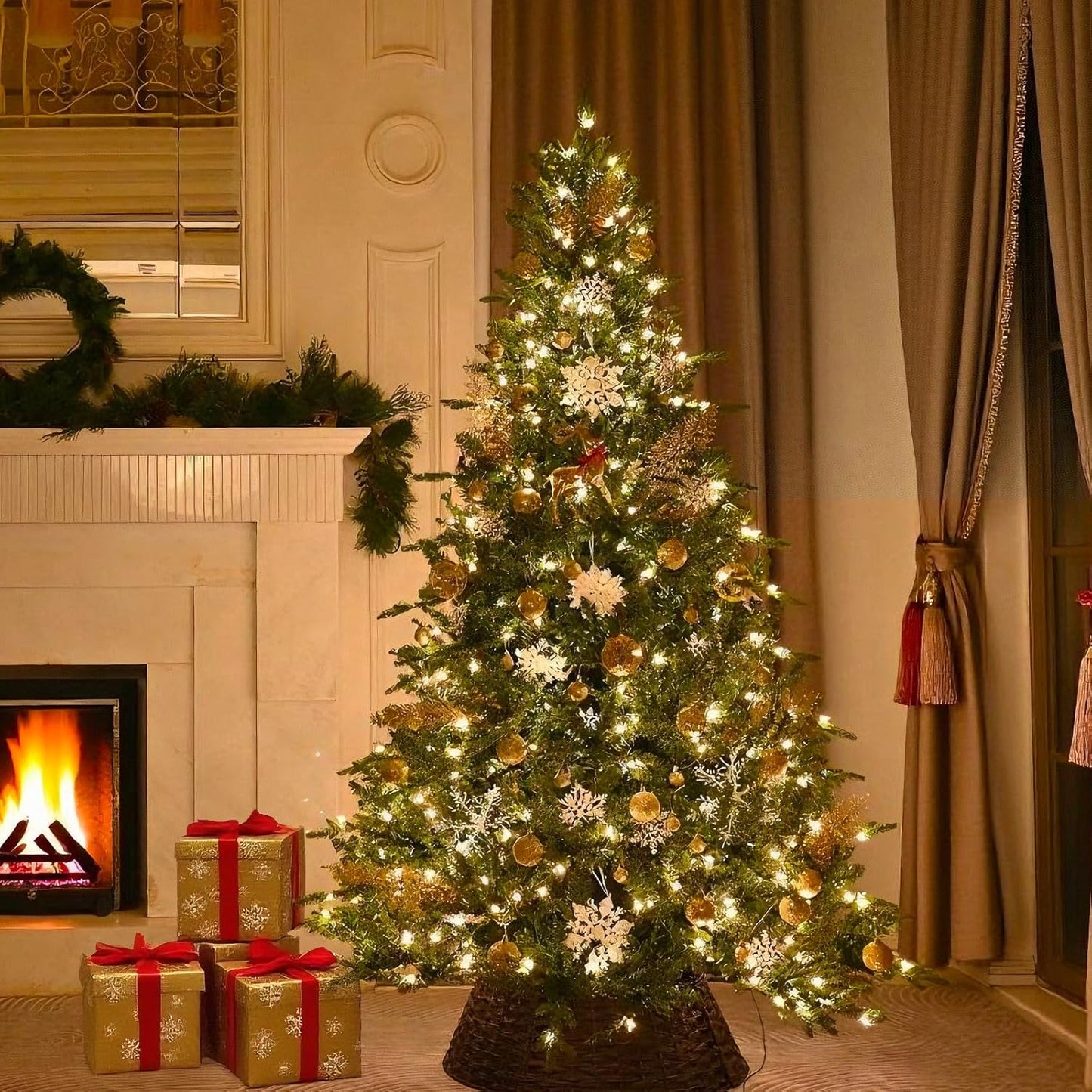 7FT Pre-Lit Artificial Christmas Tree with 2010 PE&PVC Mixed Branch Tips, 500 Warm White Lights, Hinged Premium Spruce Fake Xmas Trees, Green, Foldable Base