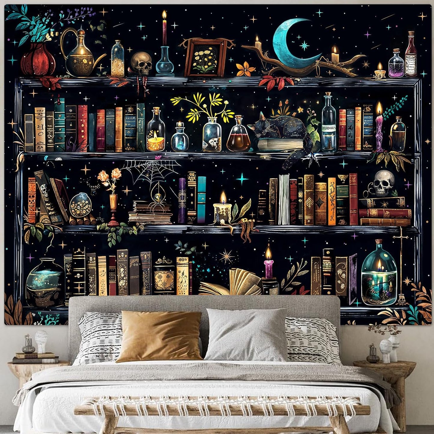 Accnicc Magic Bookshelf Tapestry Magical Witchy Potion Dark Hippie Haloween Tapestries Wall Hanging Gothic Skull Black Cat Library Book Tapestry for Bedroom Living Room Dorm 80 x 60 inch