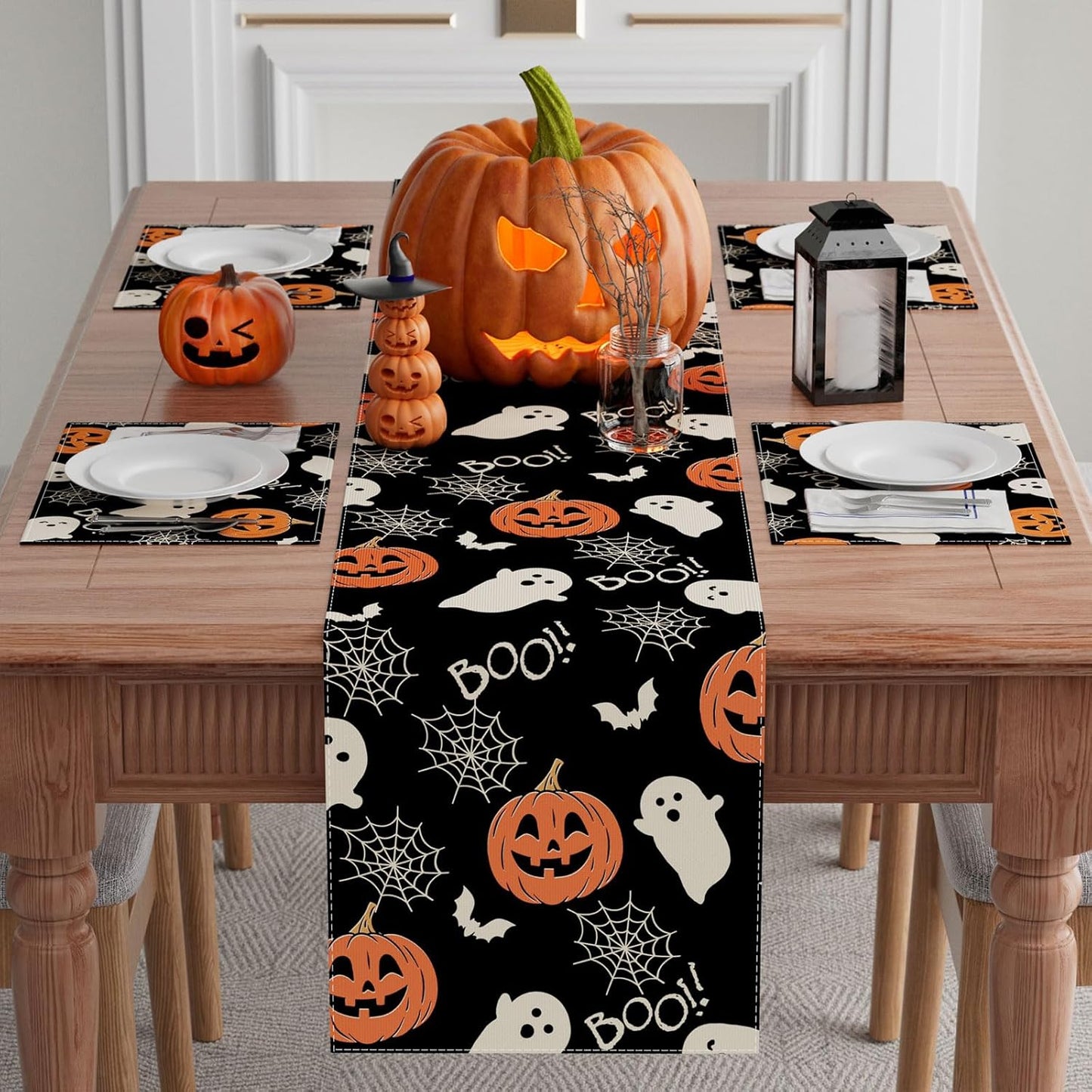 XCHI Boo Spooky Ghost Pumpkin Halloween Table Runner Burlap Table Decoration for Home Kitchen Dining Dinner Indoor Holiday Farmhouse Decor 13x60 Inch
