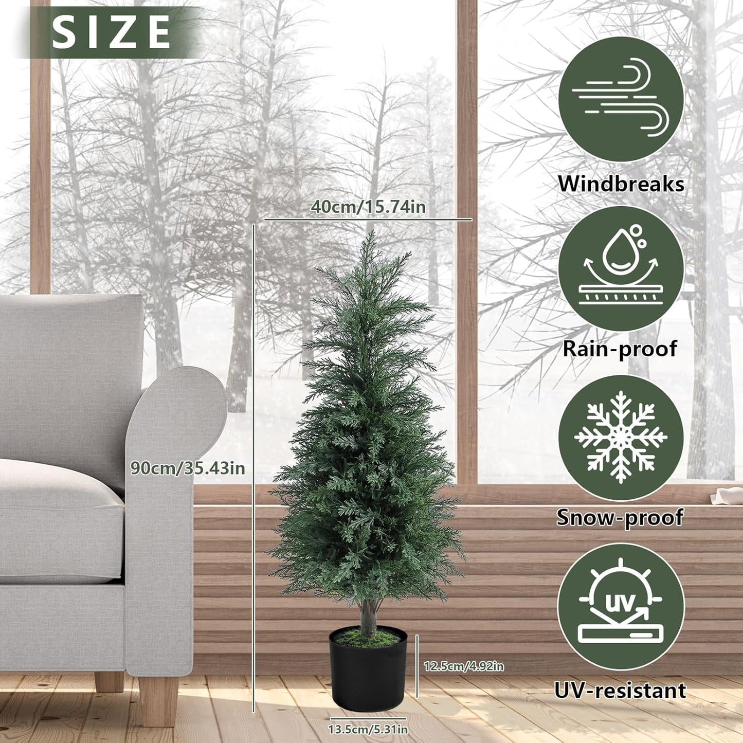 Artificial Cedar Topiary Trees 3FT Set of 2 Lifelike Faux Evergreen Cypress Bushes UV Resistant Outdoor Christmas Trees Realistic Potted Plants for Indoor Outdoor Decor