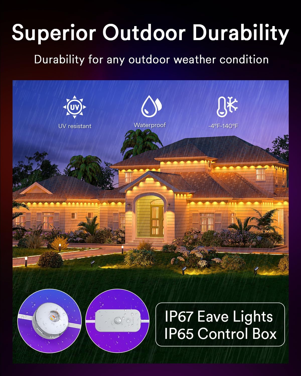 Lumary Permanent Outdoor Lights Max 53ft with 40 LED Eave Lights RGBAICW 2400LM, IP67 Waterproof, IC Control and Scene Modes for Halloween Christmas Decoration, Works with Alexa and Google Assistant
