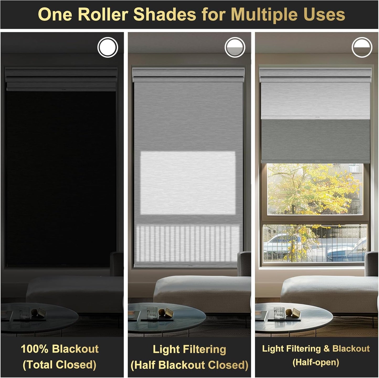 BERISSA Cordless Dual Roller Shades with Cassette Valance, Double Window Shades - Blackout and Light Filtering, Day and Night for Home Office Door - Grey and White. 74 W x 80" H