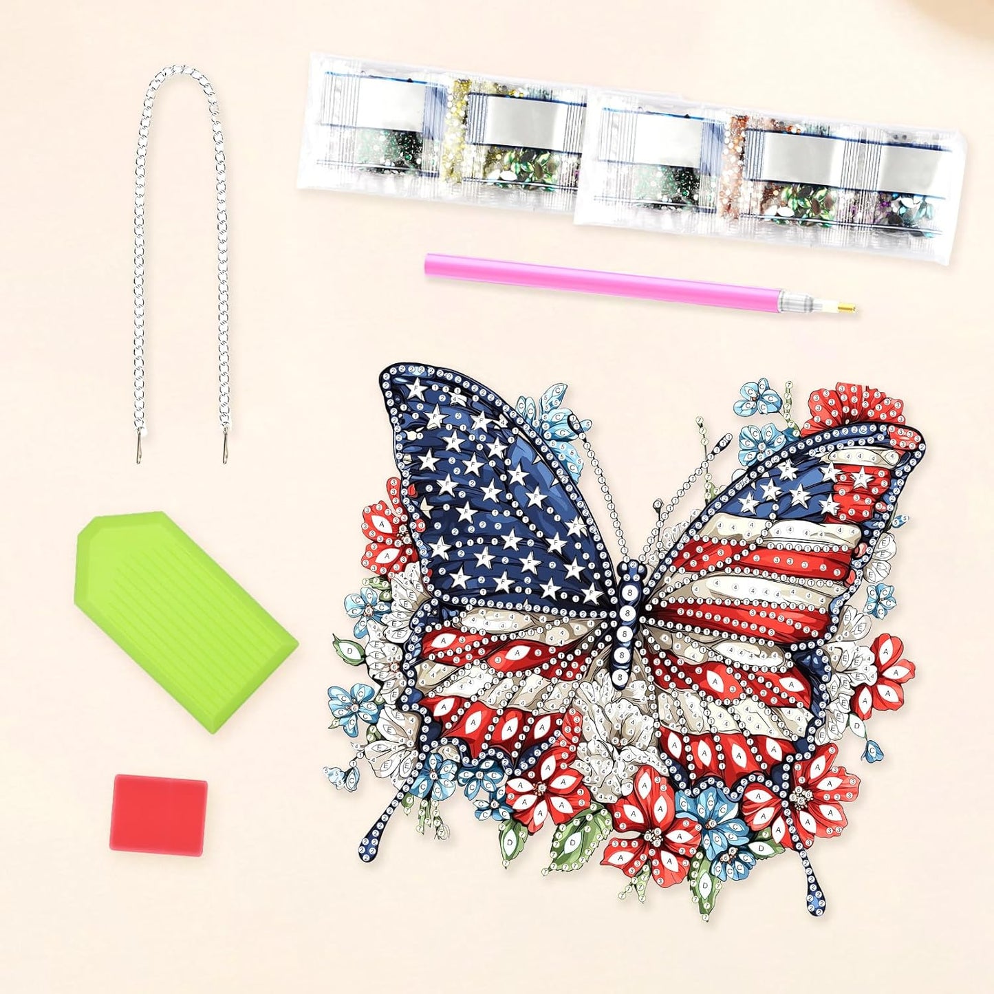 Lxmsja DIY Butterfly Diamond Painting Hanging Ornament, Double-Sided Acrylic American Flag Diamond Art Kit, Special Shaped Drill Pendant Window Art Kit, Suncatcher Hanging Craft Decoration 7×8 inch