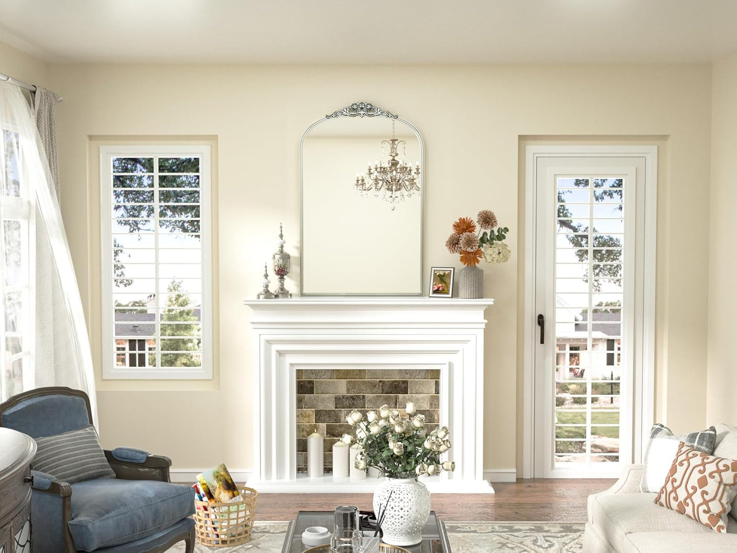 Keonjinn Vintage Mirror 24" x 36", Antique Mirrors for Wall Decor, Silver Arched Decorative Mirror for Mantle, Hallway, Living Room, Fireplace, Bedroom, Bathroom Mirror with French Cleat Mounting