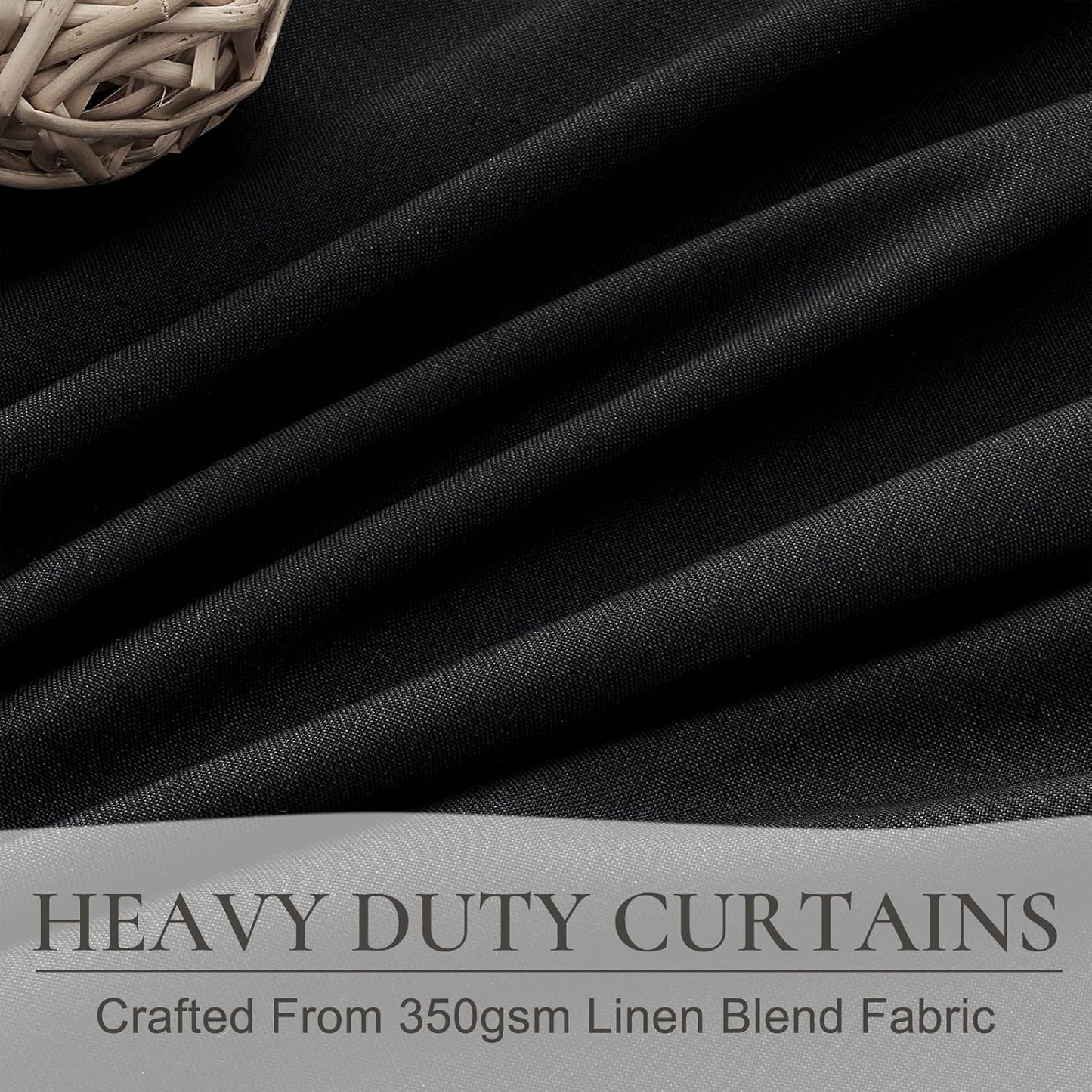 Black Out Kitchen Curtains 45 Inch Length 2 Panels Set, Mini Textured Linen Pinch Pleated Thick Drapes Room Darkening Insulated Black Small Window Curtain with Hooks Rings Back Tab 40"Wx45"L Blackout