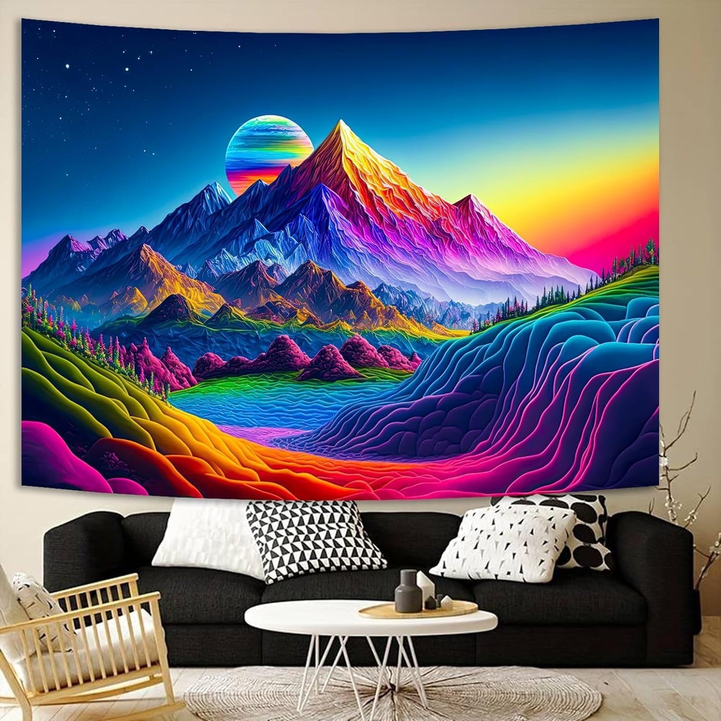 SparkLia Sunset Mountain Tapestry, Blacklight Colorful Forest Lake UV Reactive Tapestry, Neon Glow in the Dark Starry Stars Nature Landscape Wall Hanging Tapestries for Bedroom - 59.1" x 80"