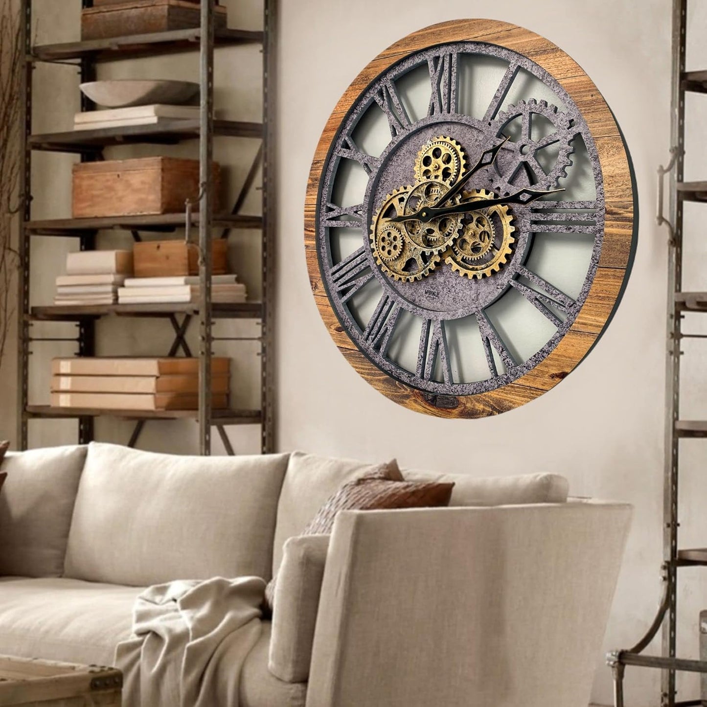 The Gears Clock The Original Real Moving Gear Wall Clock Vintage Industrial Oversized Rustic Farmhouse (24 inch (60cm),Wood&Stone)