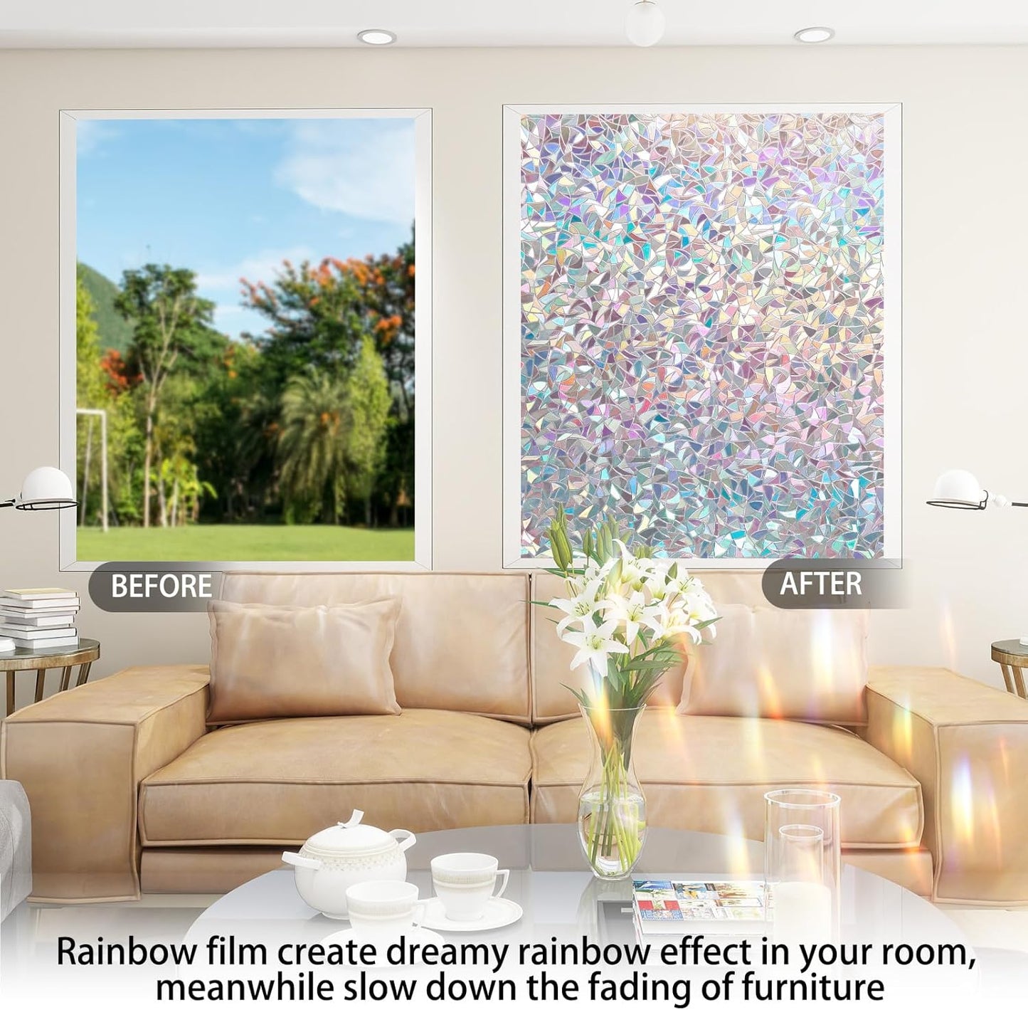 Rainbow Window Privacy Film 3D Decorative Stained Glass Window Film Anti UV Non-Adhesive Reusable 23.6" x 78.7" for Home Room Car Glass Cling