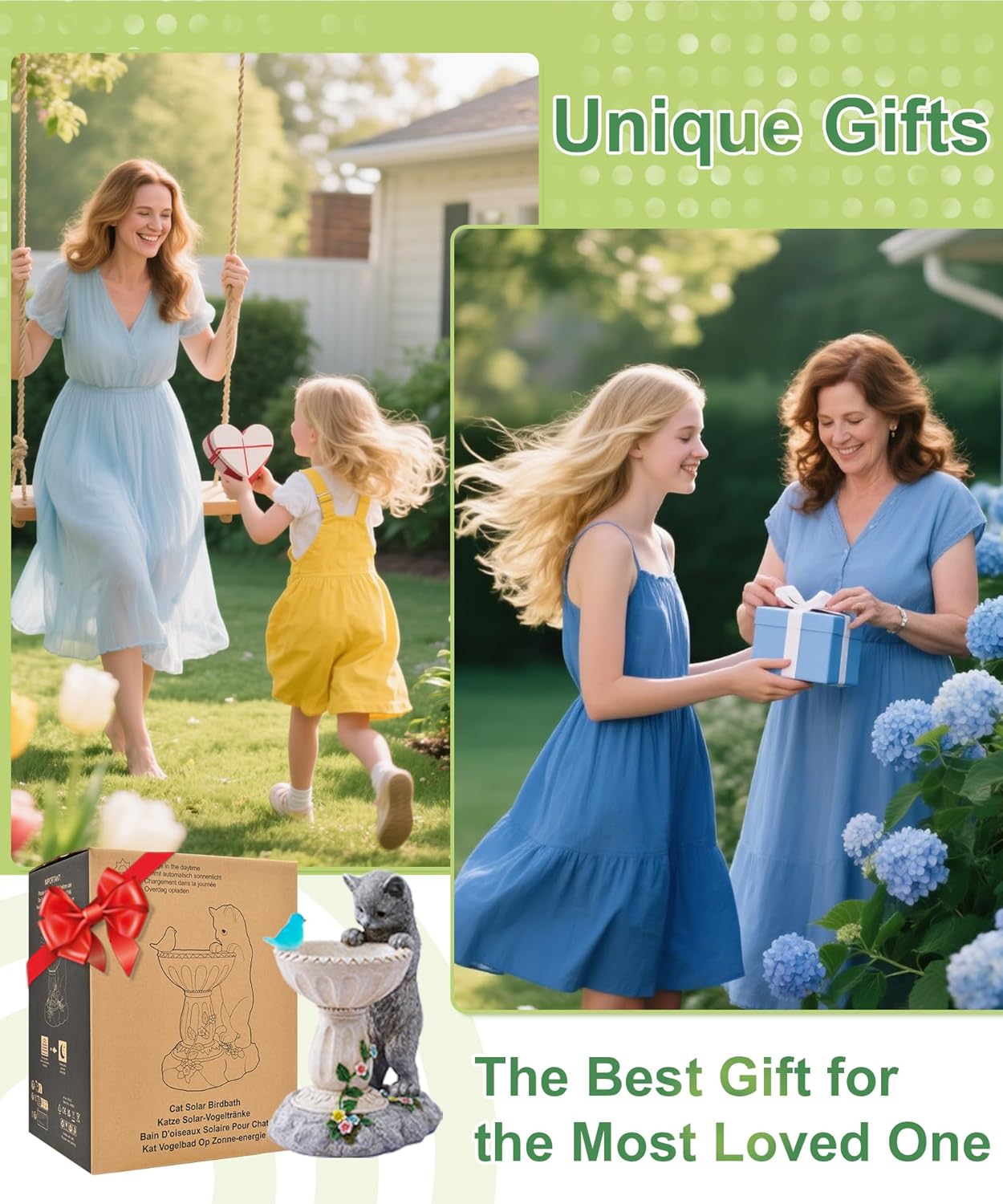 Solar Cat Statues for Bird Bath: Outdoor Sculptures for Garden Lawn Patio Yard Balcony Porch - Unique Gifts for Mother Grandma Women