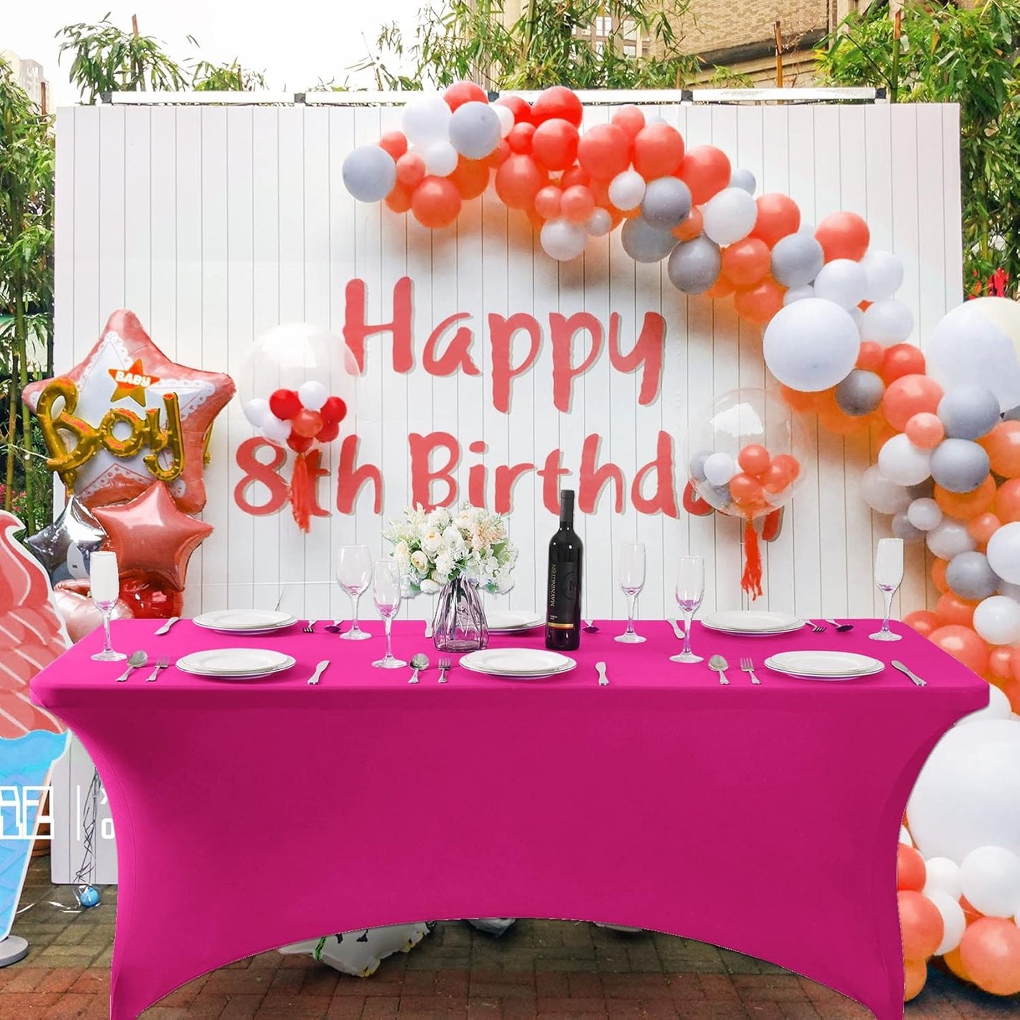 SuperO Waterproof Spandex Table Cover for 4FT Table Universal Fitted Stretch Tablecloth for Party, Banquet, Wedding and Events-Fuchsia