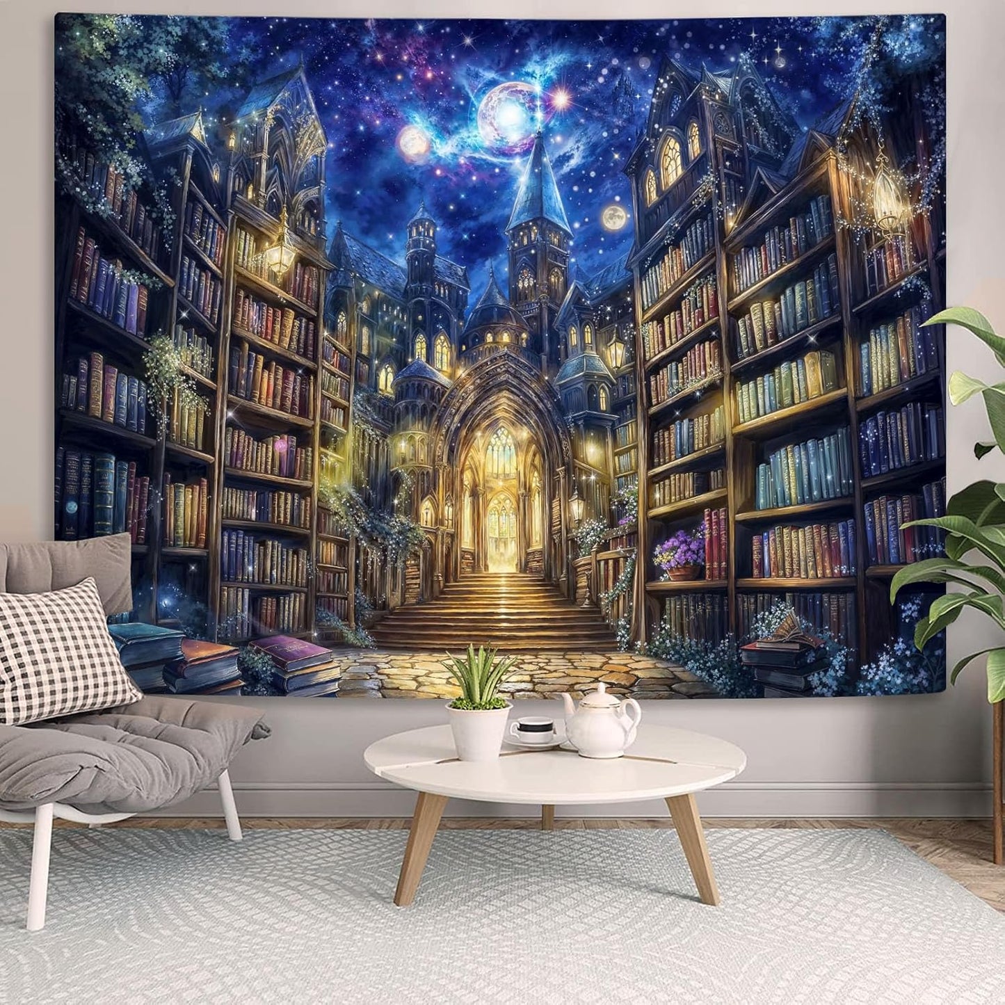 Accnicc Fantasy Bookshelf Tapestry Space Library Tapestries Wall Hanging Gothic Galaxy Castle Magic Book Large Tapestry for Bedroom Living Room Dorm Classroom 80 x 60 inch