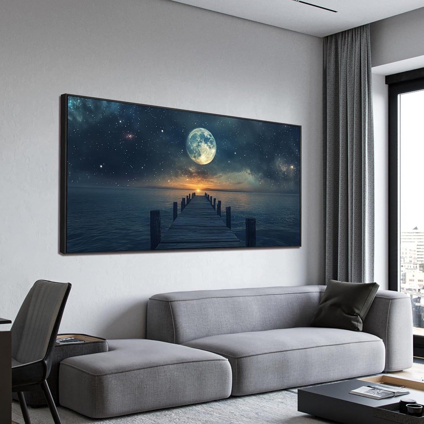 Canvas Wall Art Decor Large Framed Wall Art Prints Wall Art Pictures for Living Room Canvas Art Wall Decor Landscape Coastal Wall Art Star Moon Artwork for Walls Home Office Aesthetic Decor 29" x 58"