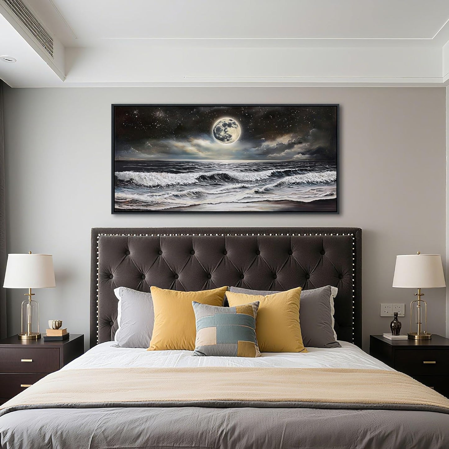 QZQCBLC Large Black Ocean Wall Art, White Sea Waves Moon Starry Clouds Canvas Print Paintings Artwork Beach Landscape Pictures for Living room Bedroom Home Office Wall Pictures Decor 24x48 IN