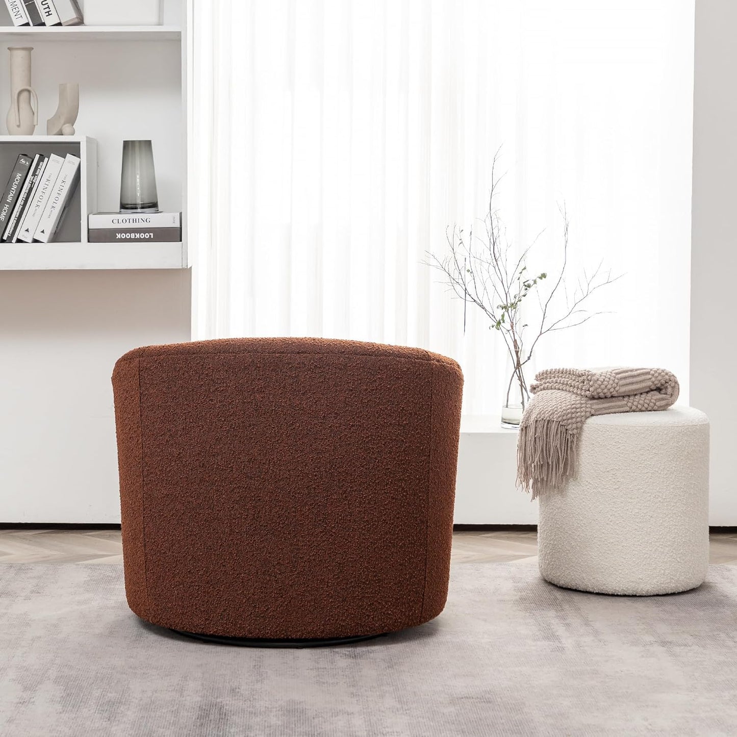 KINWELL 34" Boucle Swivel Barrel Chair with 18" Round Ottoman Set, Fully Assembled Set of Sherpa Accent Chair and Footrest, Modern Comfy Armchair and Footstool for Living Room and Bedroom, Brown