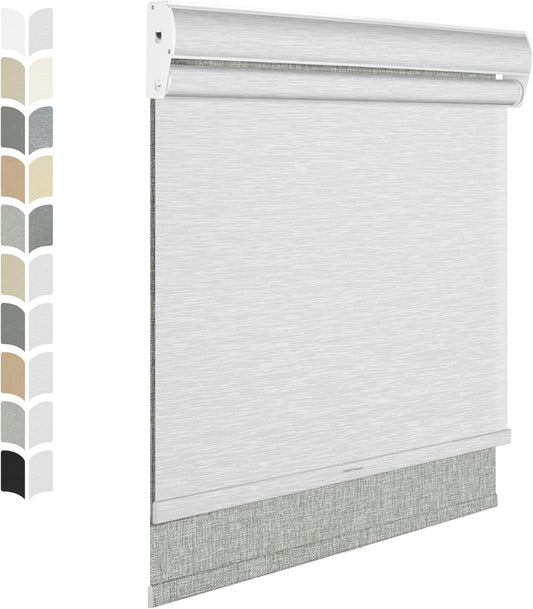 BERISSA Dual Roller Shades with Cassette Valance, Double Blackout and Light Filtering Shades, Day and Night for Home Office Door. Linen Grey and White. 27 W x 64" H