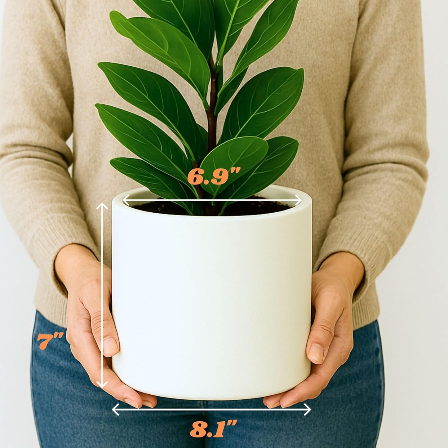 Fox & Fern 8 Inch Plant Pot with Drainage Plug — Premium Lightweight Fiberstone Matte White Planter; Indoor & Outdoor Planter; 8 Inch Pots for Plants; Weather Resistant & UV Resistant
