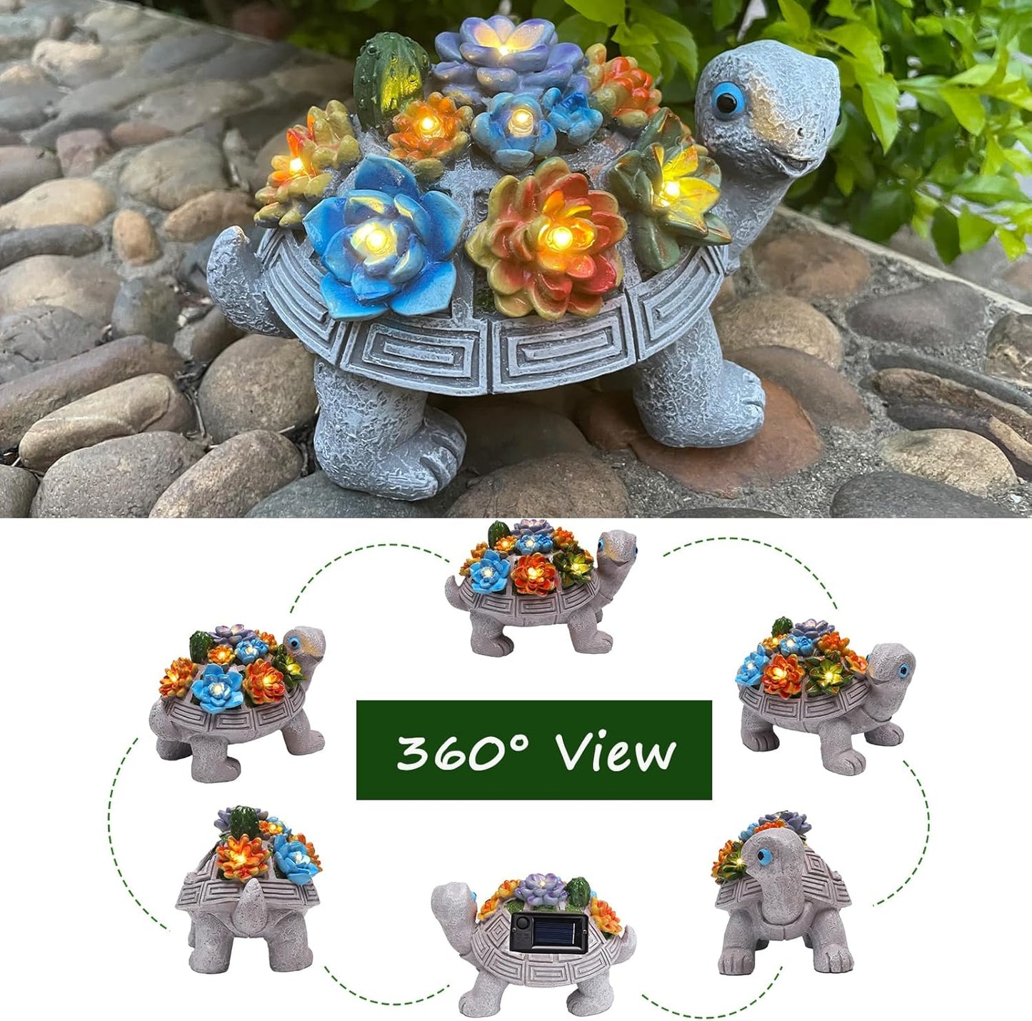 Solar Garden Outdoor Turtle Figurines with LED Lights Lawn Decor Tortoise Statue for Outside Yard Patio Front Porch Balcony Home Ornament Housewarming