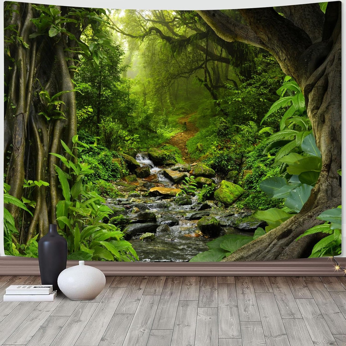 AMM Green Rainforest Tapestry Nature Forest Tapestry for Bedroom Aesthetic Misty Tropical Jungle Trees Flowing Stream Landscape Tapestries Wall Hanging for Living Room Dorm 48 x 36 Inch
