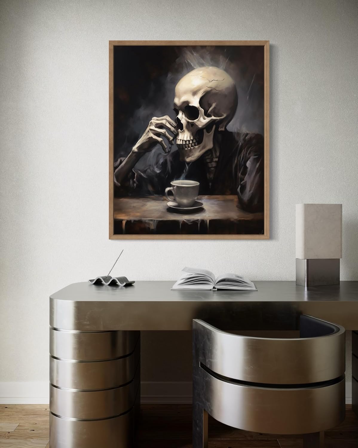 Skull Drinking Coffee Poster Art Print, Halloween Scary Vintage Wall Art Academia Spooky Painting Decoration for Horror Prints, Gothic Posters Bedroom Decor 89 (Skull Drinking Coffee, 16 x 20 inches, Wood Frame)