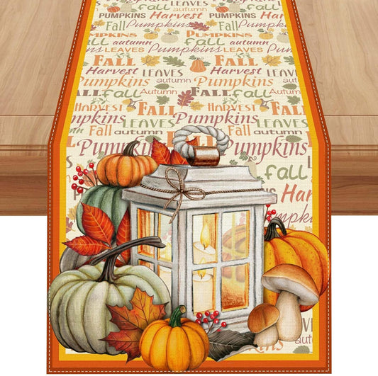 Linen Fall Table Runner 108 Inches Long - Farmhouse Leaves Pumpkin Decor for Autumn Thanksgiving Home Kitchen Dining Room