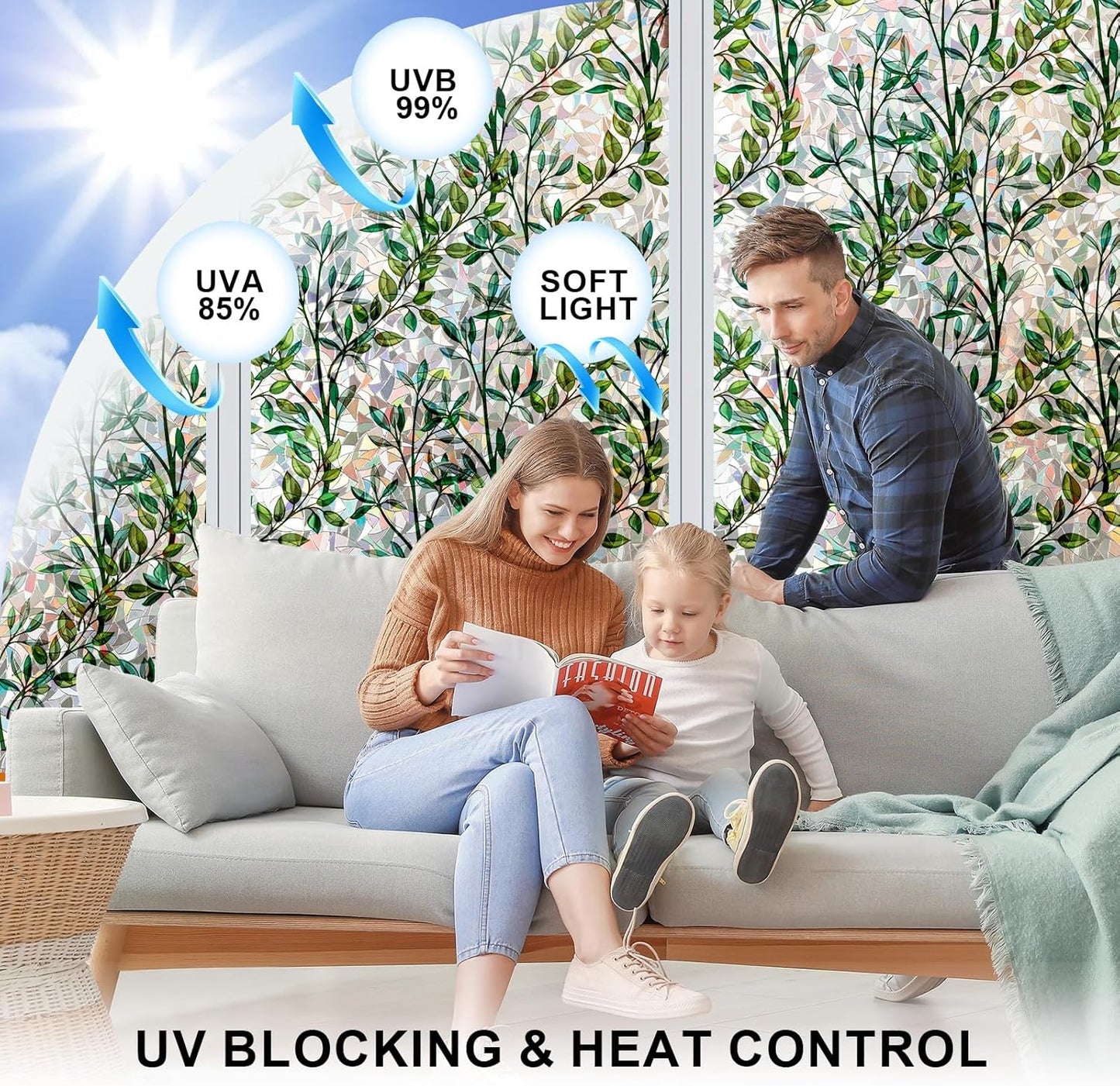 Rainbow Window Privacy Film 3D Leaf Decorative Stained Glass Window Film Anti UV Non-Adhesive Reusable 17.5" x 78.7" for Home Room Car Glass Cling