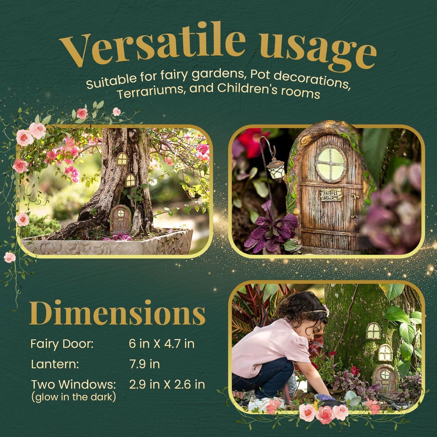 Fairy Door and Windows – Glow in The Dark Yard Art Sculpture Decoration for Kids Room, Wall and Trees Outdoor | Miniature Garden Outdoor Decor Accessories with Bonus Fairy Lantern