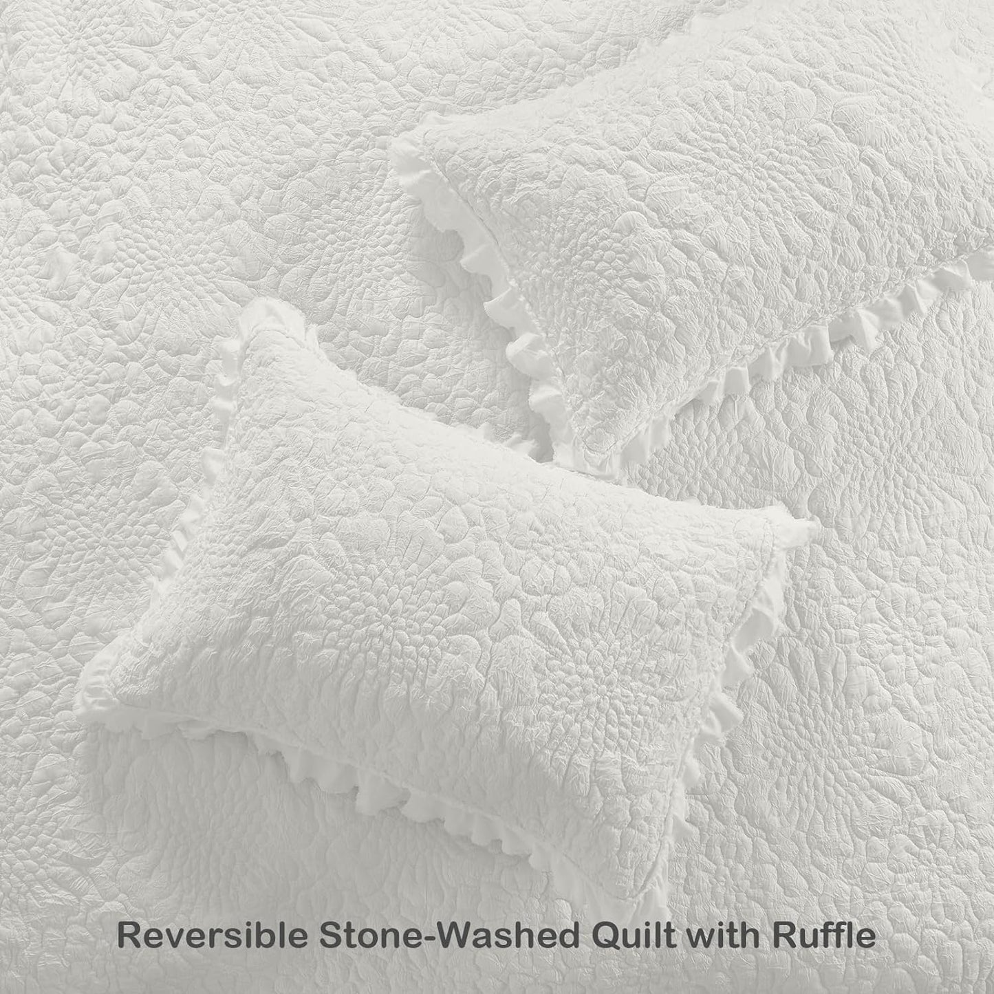 HORIMOTE HOME Cream White Ruffled Quilt Queen Size, Stone-Washed Microfiber Lightweight Crinkled Farmhouse Shabby Chic Bedding Set, 3 Pieces Reversible Bedspread with Pillow Sham for All Season