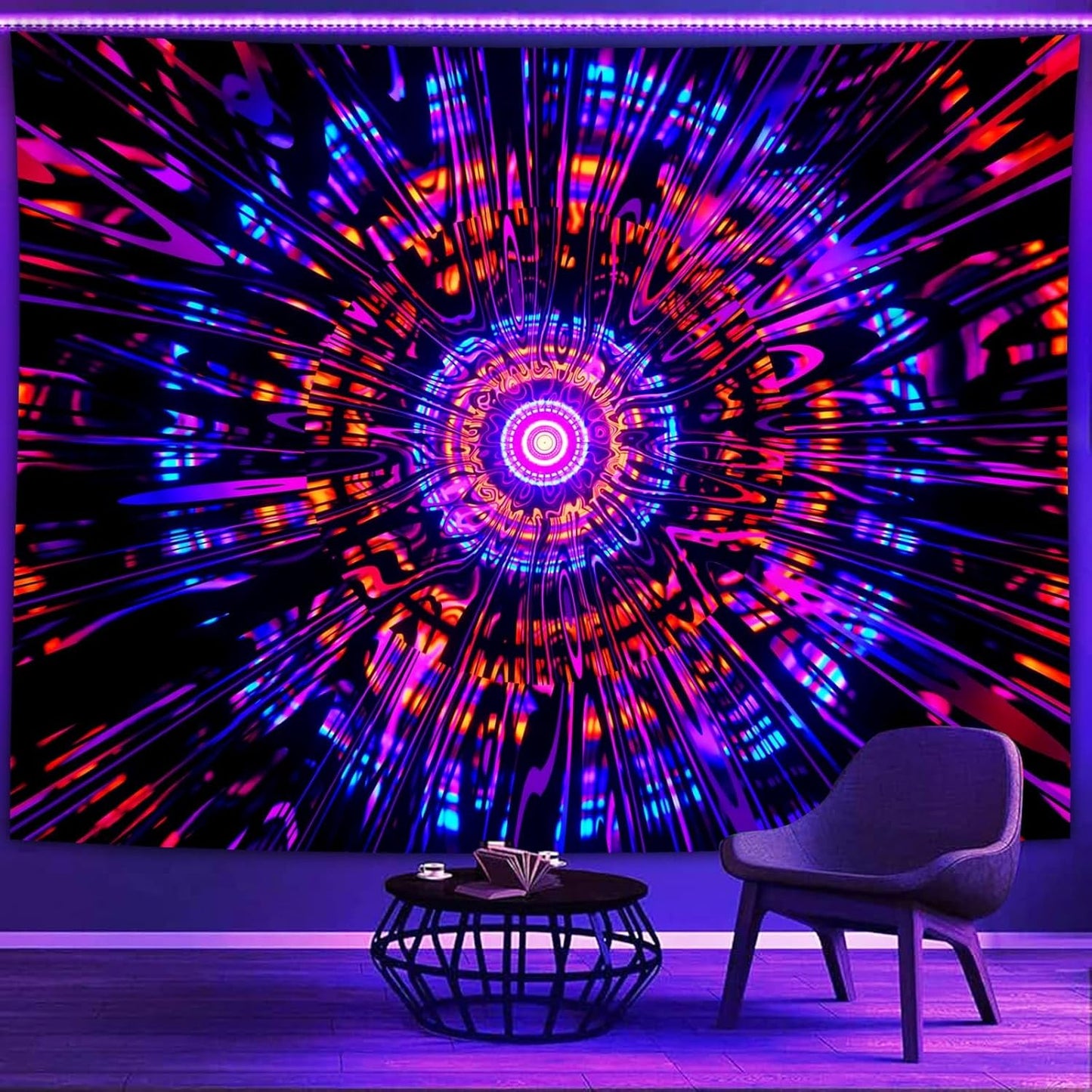 PSYHILAR Blacklight Mandala Tapestry for Bedroom, Psychedelic Black Light Posters for Adults and Teens, Colorful UV Reactive Aesthetic Bohemian Art Wall Hanging Decor Red and Purple (90 x 70 Inches)